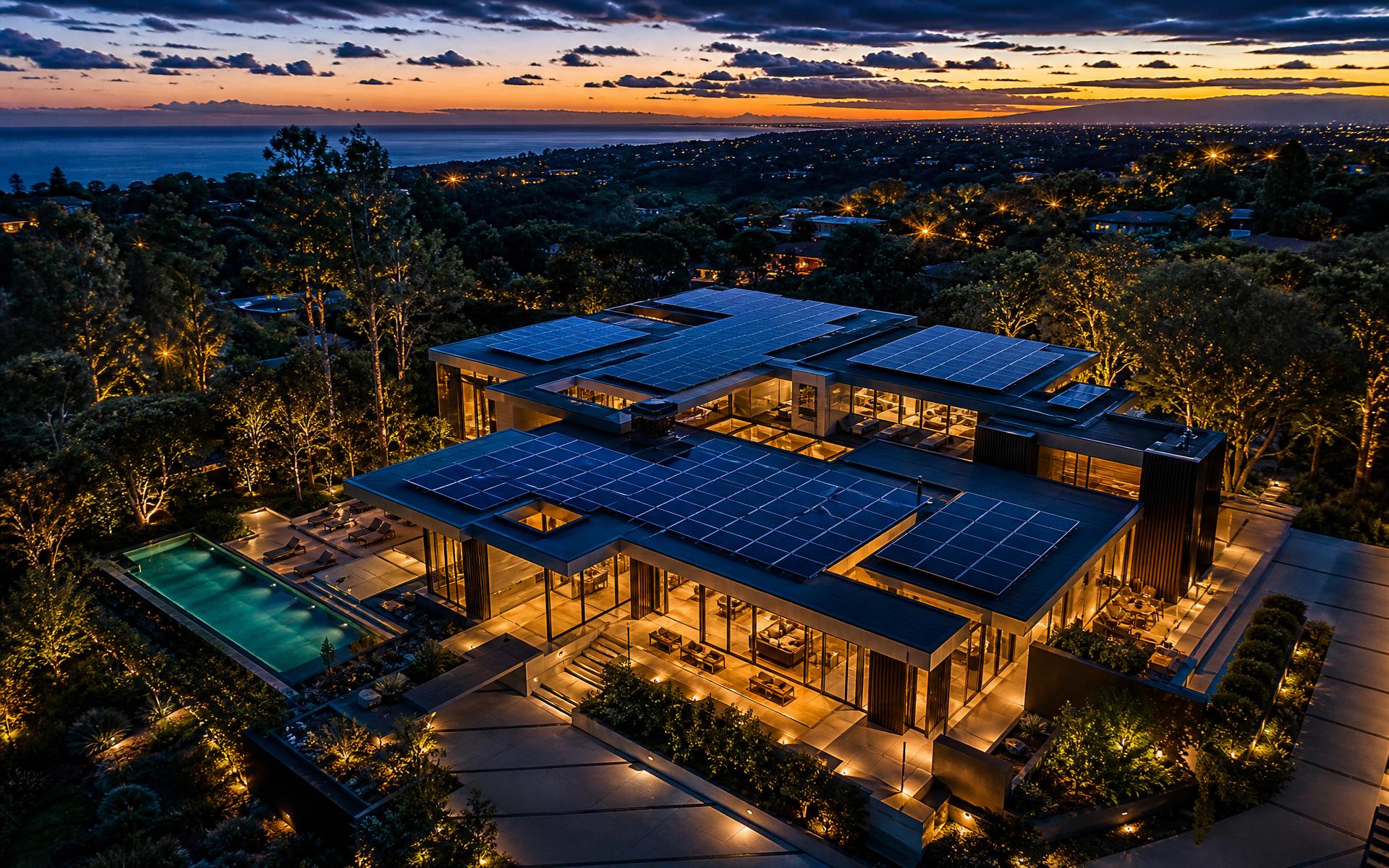 Vista aérea de residência de luxo com telhado solar ao entardecer